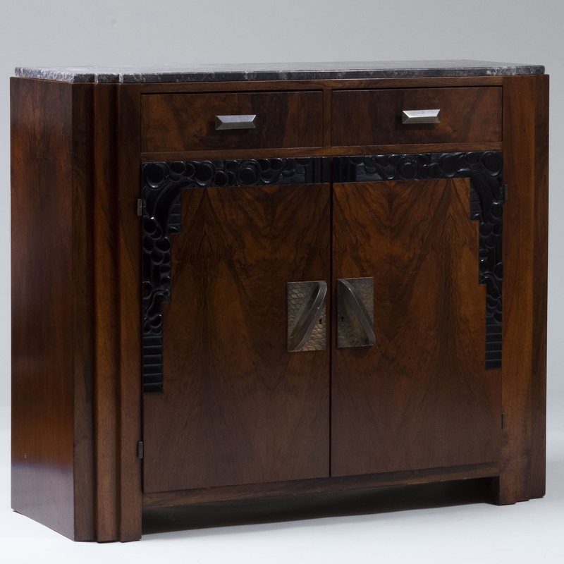 Appraisal: Art Deco Walnut and Ebonized Marble Top Side Cabinet x