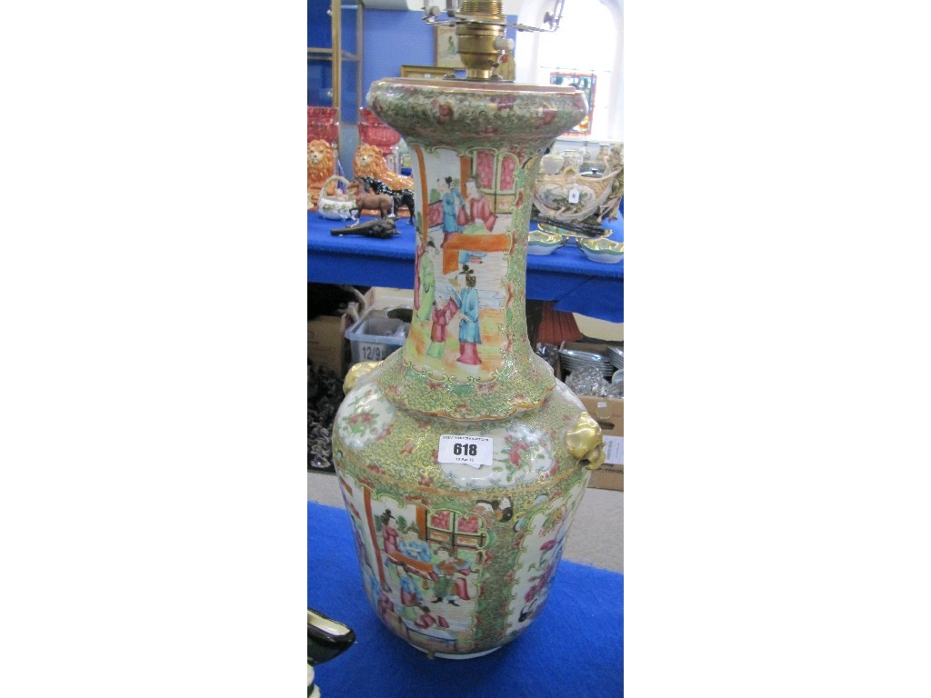 Appraisal: Oriental pottery famille rose vase with gilt handles converted to