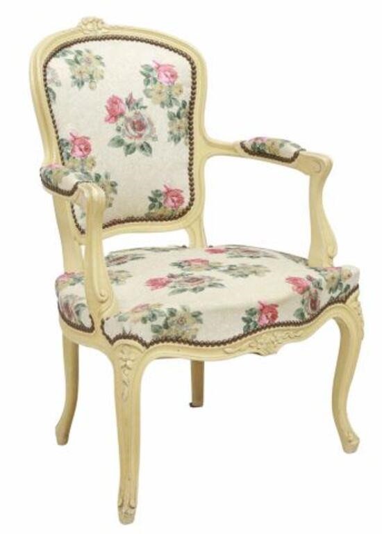 Appraisal: French Louis XV style painted armchair th c craquelure painted