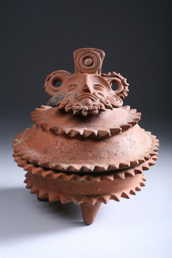 Appraisal: MAYAN STYLE POTTERY FIGURAL TRIPOD INCENSARIO AND COVER The rims