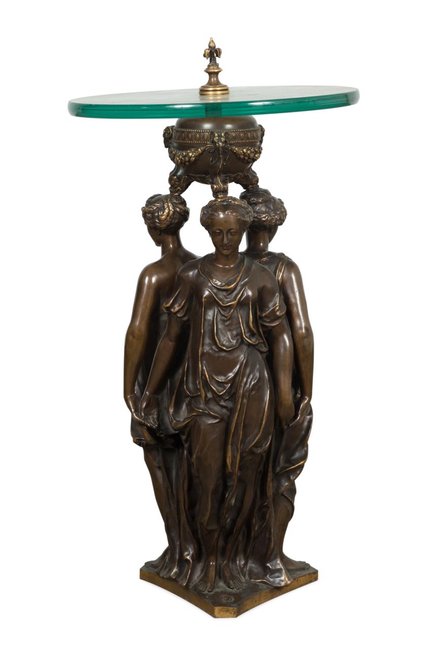 Appraisal: BARBEDIENNE BRONZE THREE GRACES GLASS TOP TABLE French Three Graces