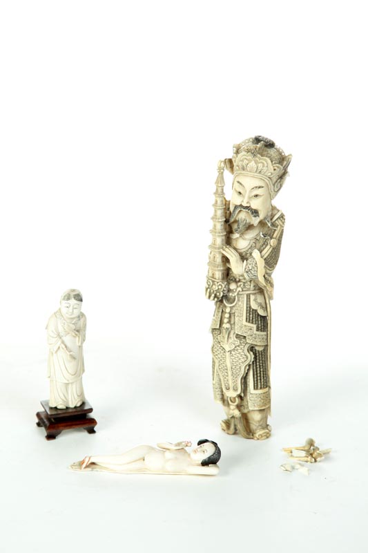 Appraisal: THREE IVORY CARVINGS Asian st half- th century Armored warrior