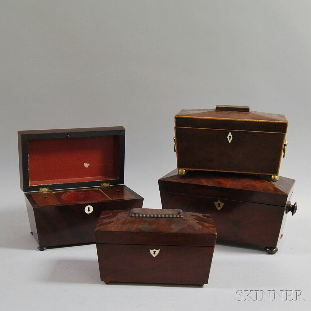 Appraisal: Four Mahogany Veneer Casket-form Tea Caddies probably England late th