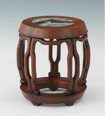 Appraisal: A Carved wood and Agate Stand Barrel shape with carved