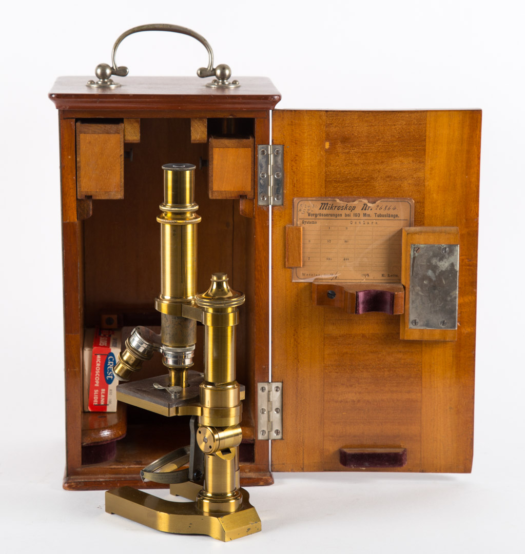 Appraisal: German brass microscope with wood case early th century Condition