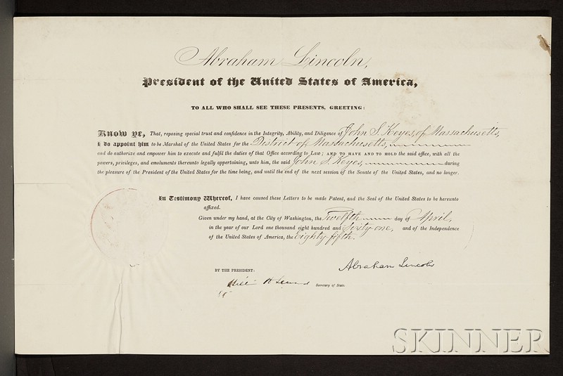 Appraisal: Lincoln Abraham - Signed document April one page as President