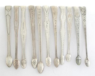 Appraisal: Eleven various pairs of George III bright cut sugar tongs