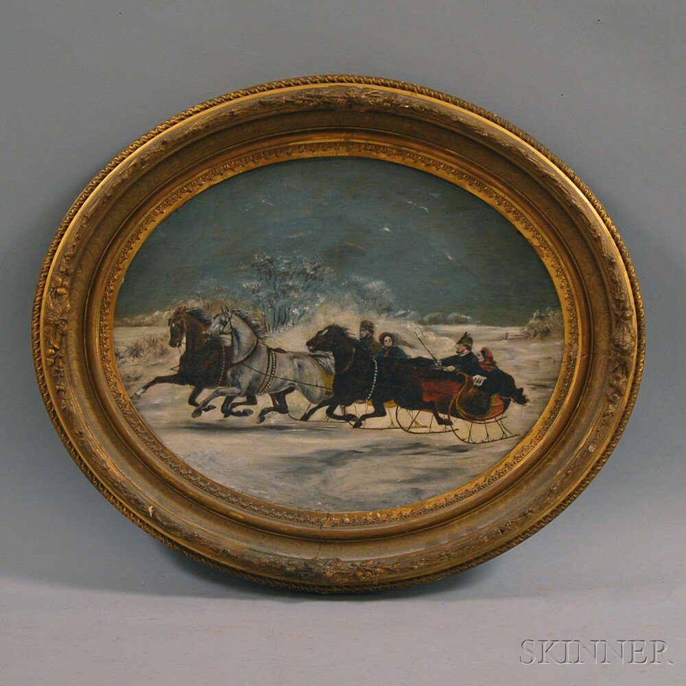 Appraisal: American School th Century A Friendly Sleigh Race Unsigned Oil