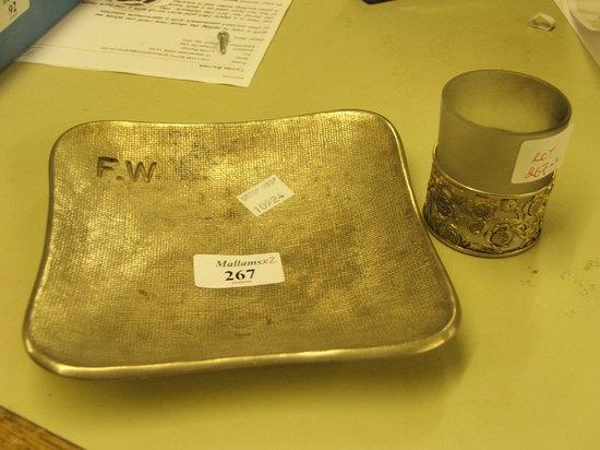 Appraisal: A JAPANESE SILVER DISH square shaped with texture sack cloth