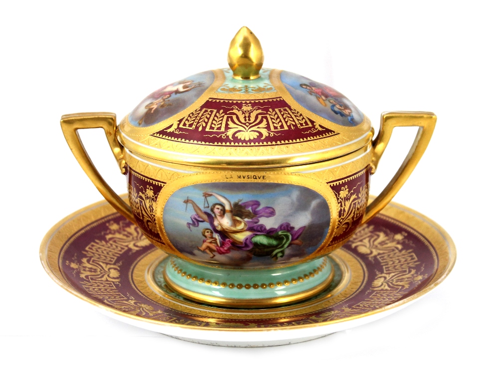 Appraisal: A Vienna style two handled cup and cover on a