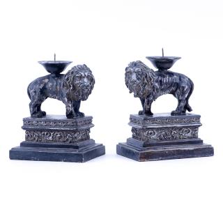 Appraisal: Pair of Renaissance Style Composition Lion Candlesticks Rubbing minor nicks