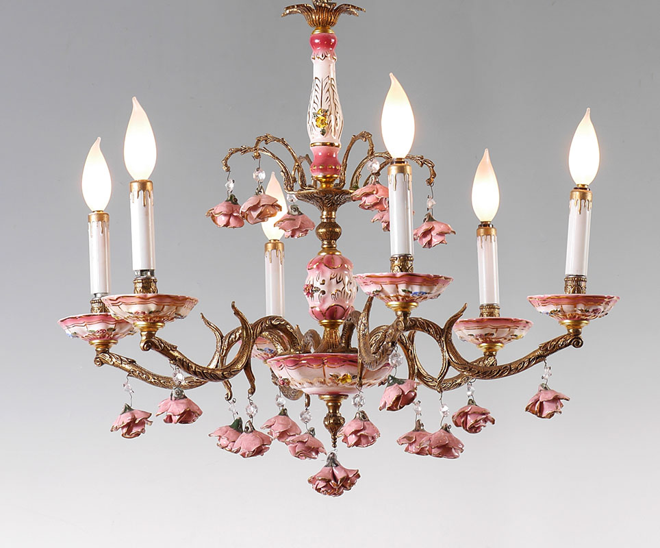 Appraisal: ITALIAN STYLE TOLE LIGHT CHANDELIER foliate motif brass arms pink