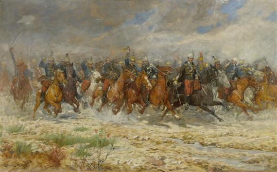 Appraisal: KOCH LUDWIG Vienna Cavalery assault Oil on cardboard Signed and