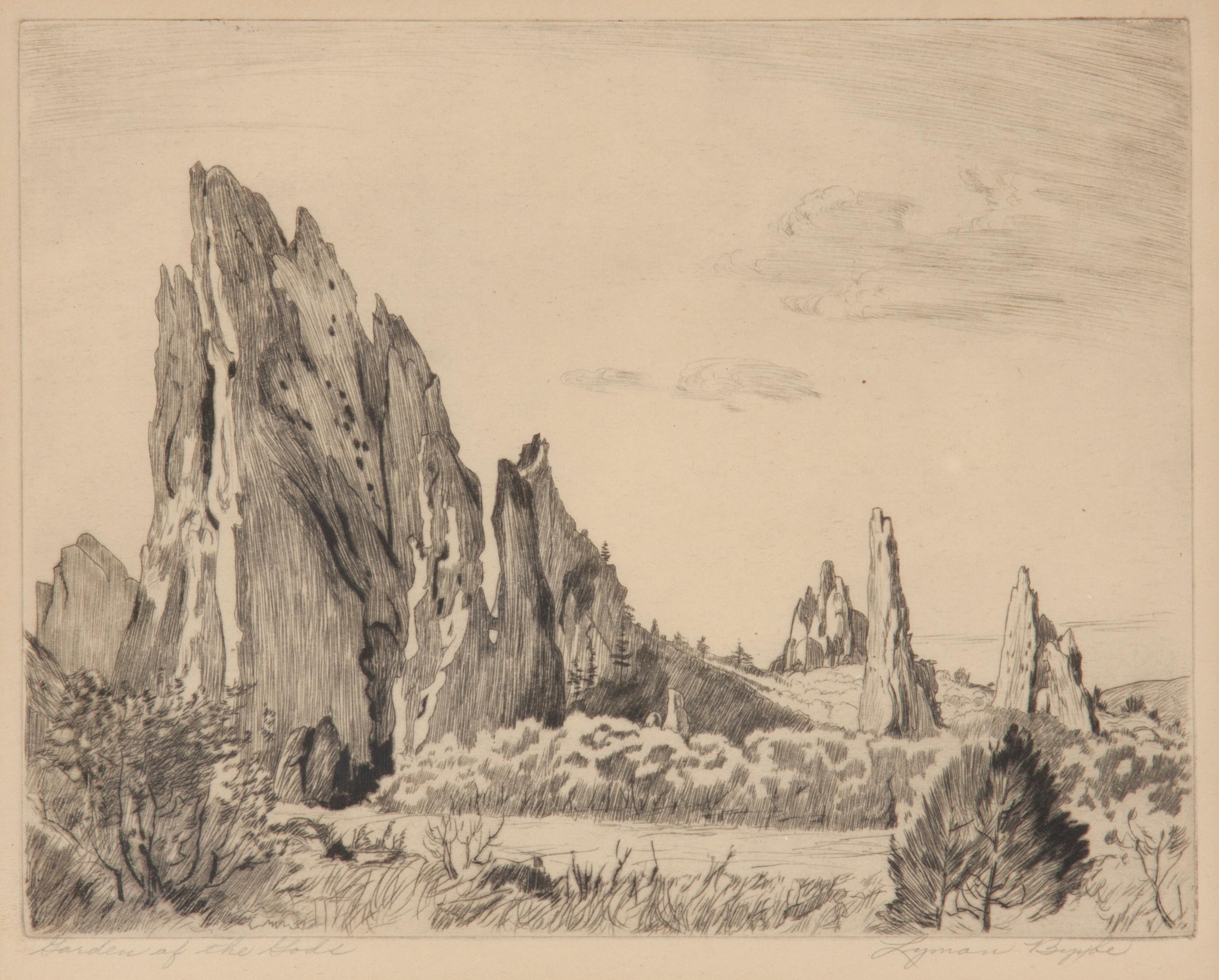 Appraisal: LYMAN BYXBE PENCIL-SIGNED ETCHING GARDEN OF THE GODS Lyman Byxbe