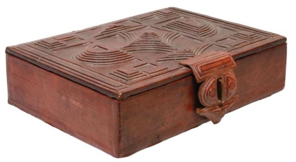 Appraisal: Tooled leather-clad box hinged lid with tooled geometric designs in