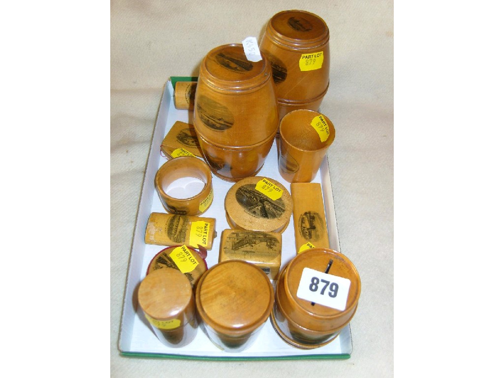 Appraisal: A collection East Anglia area Mauchline ware comprising a barrel