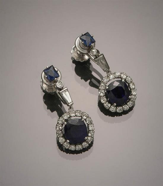 Appraisal: Pair of -Karat White-Gold Blue Sapphire and Diamond Pendant Screw-Back