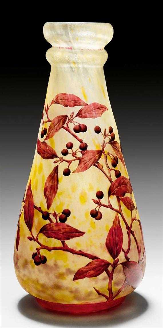 Appraisal: DAUM NANCY VASE circa Acid-etched and enamelled yellow glass with