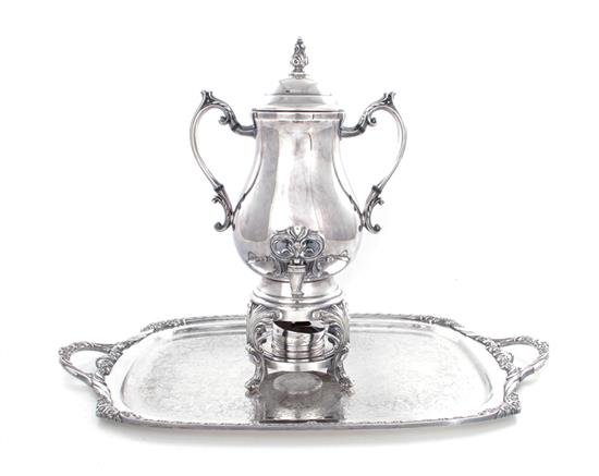 Appraisal: Silverplate tray and hot water kettle tray L W urn