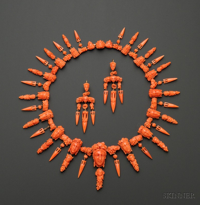 Appraisal: Antique Coral Cameo Demiparure comprising necklace and earpendants designed with