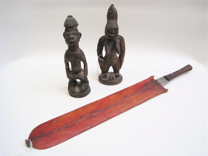 Appraisal: THREE AFRICAN COLLECTIBLES from Nigeria two Yoruba Ibeji figures hand