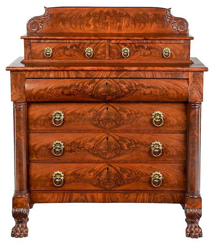 Appraisal: Classical Carved and Figured Chest of Drawers probably American circa