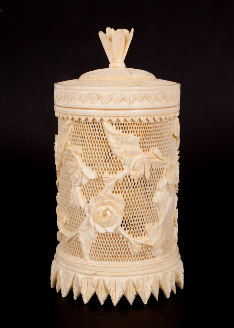 Appraisal: Chinese carved ivory cricket cage first half- th century reticulated