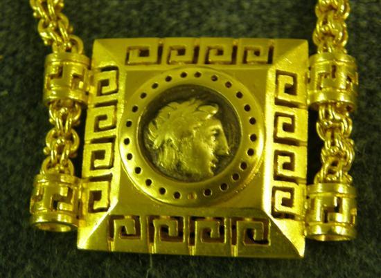 Appraisal: A YELLOW METAL RECTANGULAR PENDANT NECKLACE with classical head and