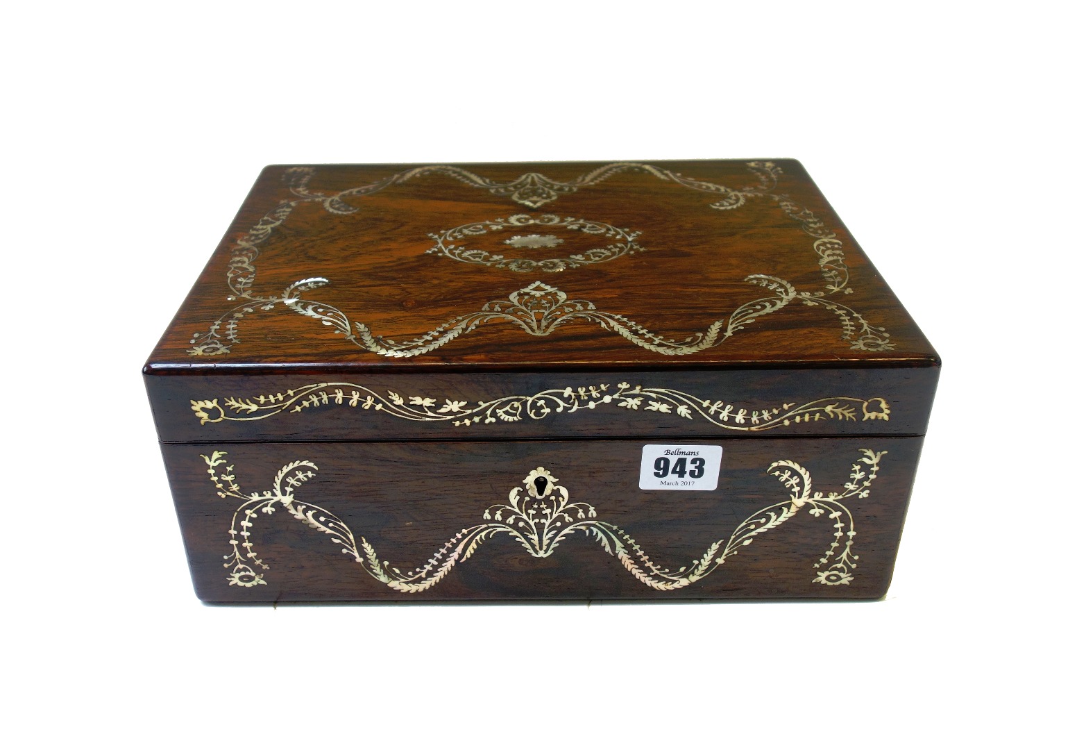 Appraisal: A rosewood and mother-of-pearl inlaid sewing box with fitted interior