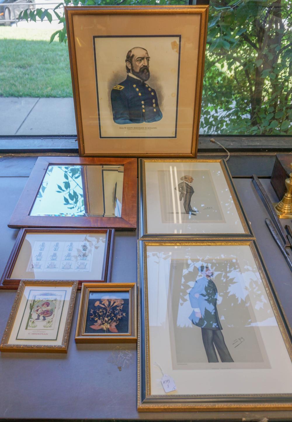 Appraisal: COLLECTION OF SIX FRAMED WORKS OF ART AND A MIRRORCollection