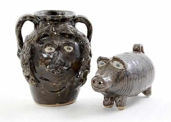 Appraisal: Southern pottery face jug and figural pig Marie Rogers Georgia