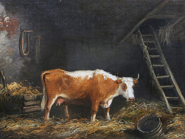 Appraisal: TH CENTURY ENGLISH SCHOOLA cow in a barn with upturned