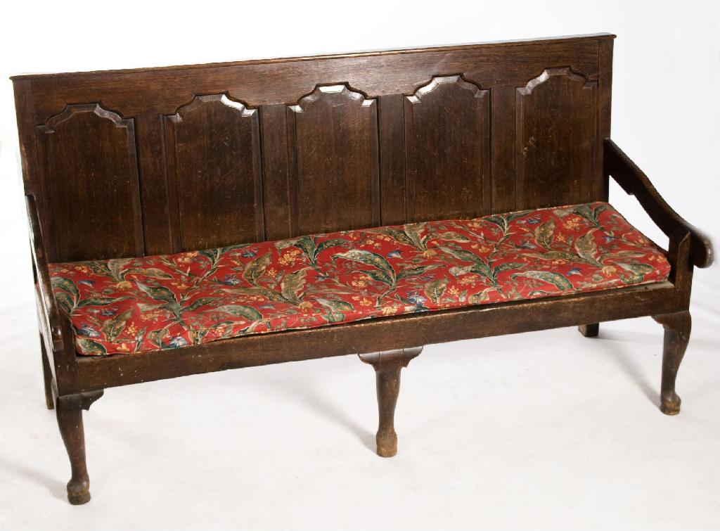 Appraisal: GEORGE III OAK YORKSHIRE SETTLE the back carved with five