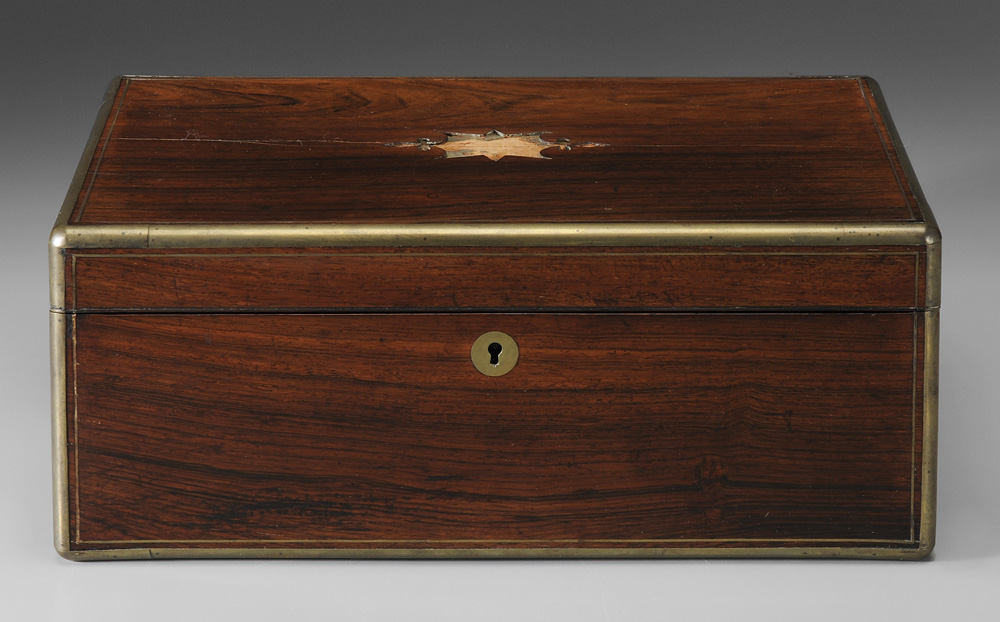 Appraisal: Brass-Mounted Rosewood Lap Desk British th century spring-loaded interior compartment