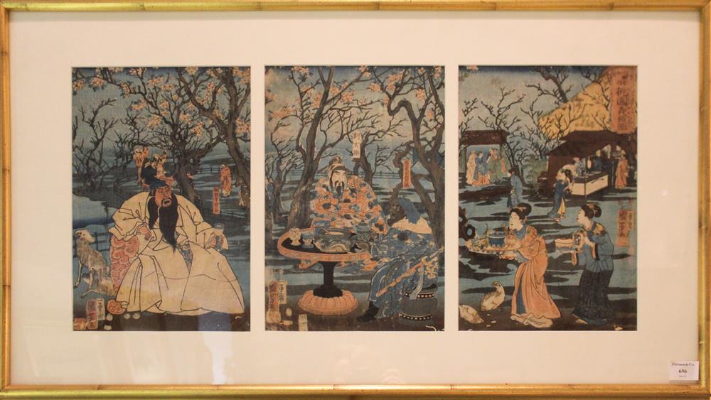 Appraisal: JAPANESE WOODBLOCK UKIYO-E TRIPTYCH BY KUNIYOSHI - depicting various seated