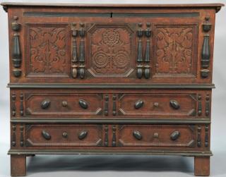 Appraisal: Sunflower chest having lift top over sunflower carved panels flanked