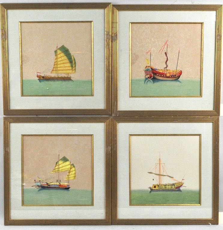 Appraisal: Group Four Chinese Trade Paintings depicting junks at sea Qing