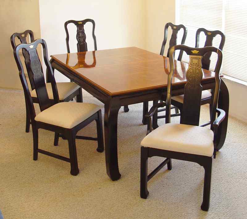 Appraisal: PIECE CHINESE STYLE DINING TABLE AND CHAIRS Light wood with