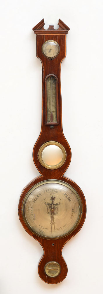 Appraisal: GEORGE III INLAID MAHOGANY BANJO BAROMETER AND THERMOMETER J APRILE