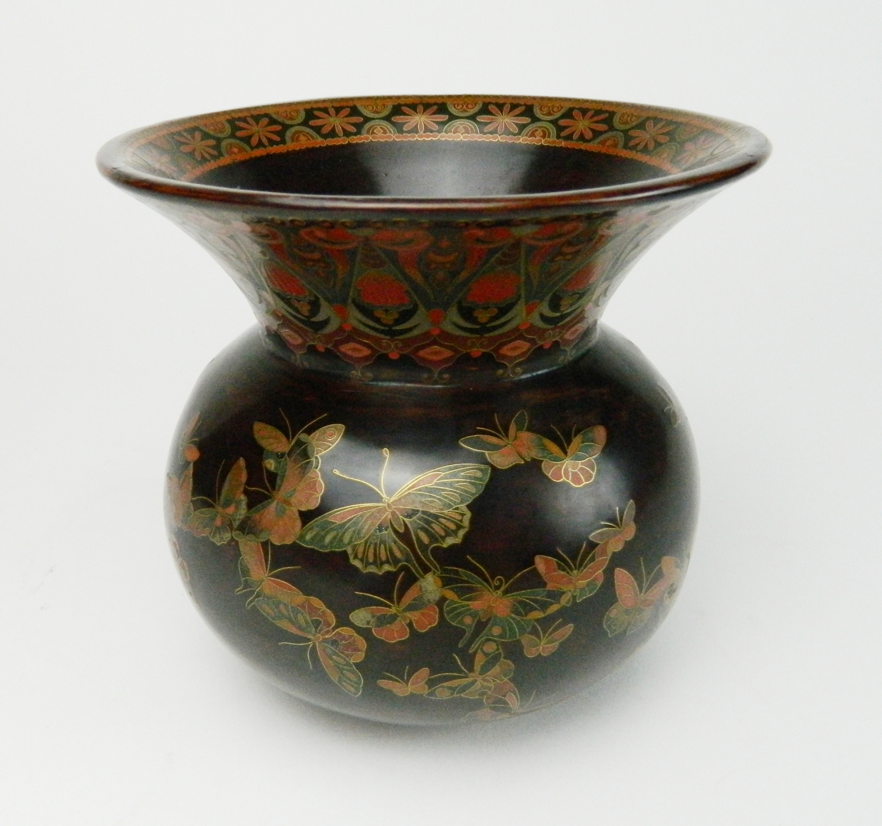 Appraisal: Takeuchi Chubei cloisonne vase- ''Spillvase'' butterfly motif on brown ground