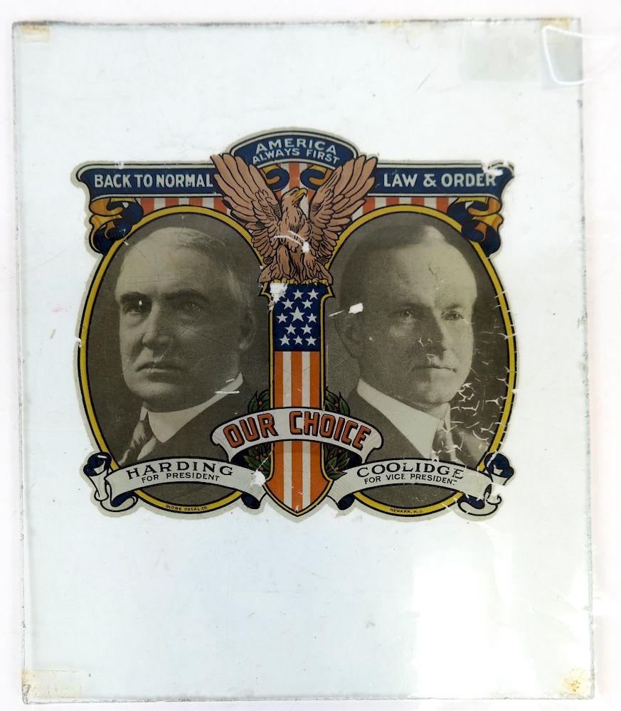 Appraisal: Harding Coolidge Jugate Decal Colorful decal America Always First depicting