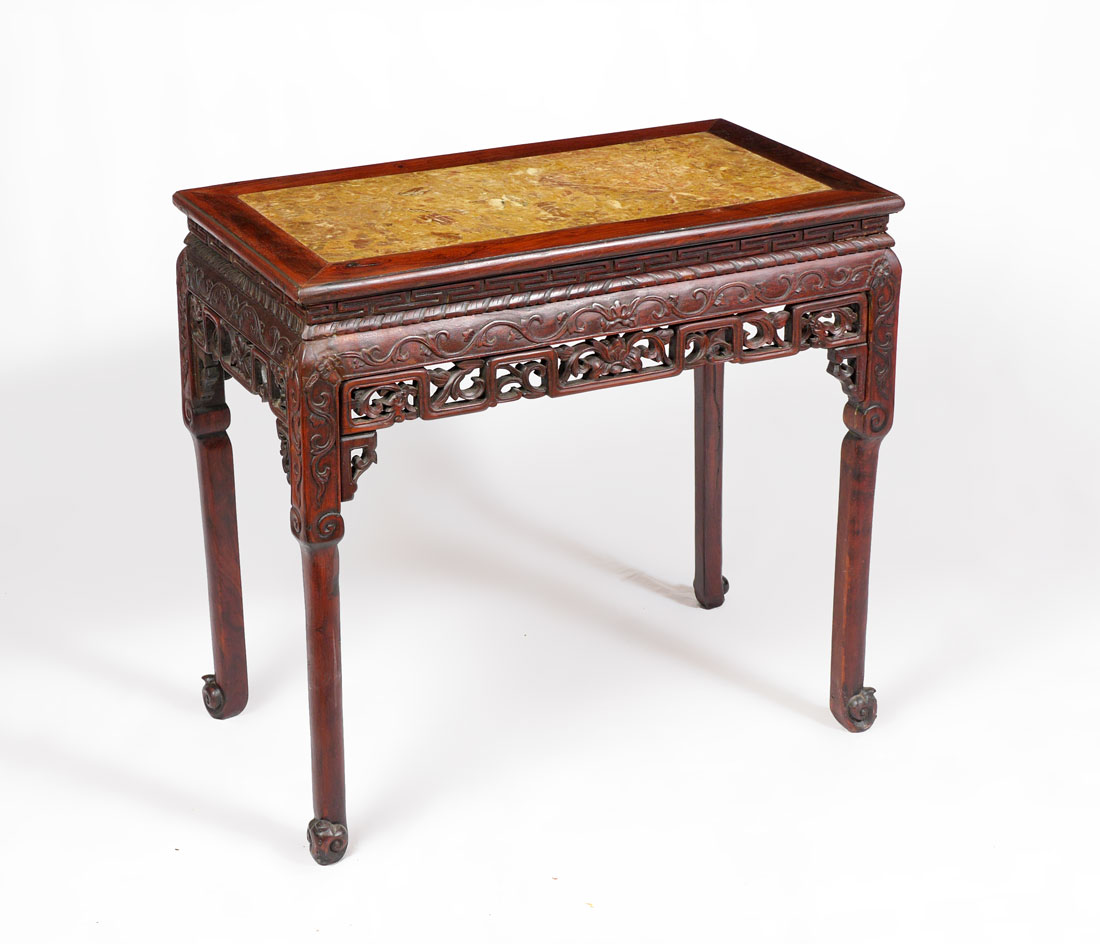 Appraisal: CARVED ORIENTAL MARBLE TOP HALL TABLE Inset variegated marble top