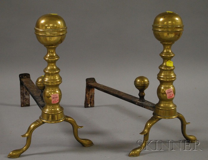 Appraisal: Pair of Brass Belted Ball-top Ring-turned Andirons ht lg in