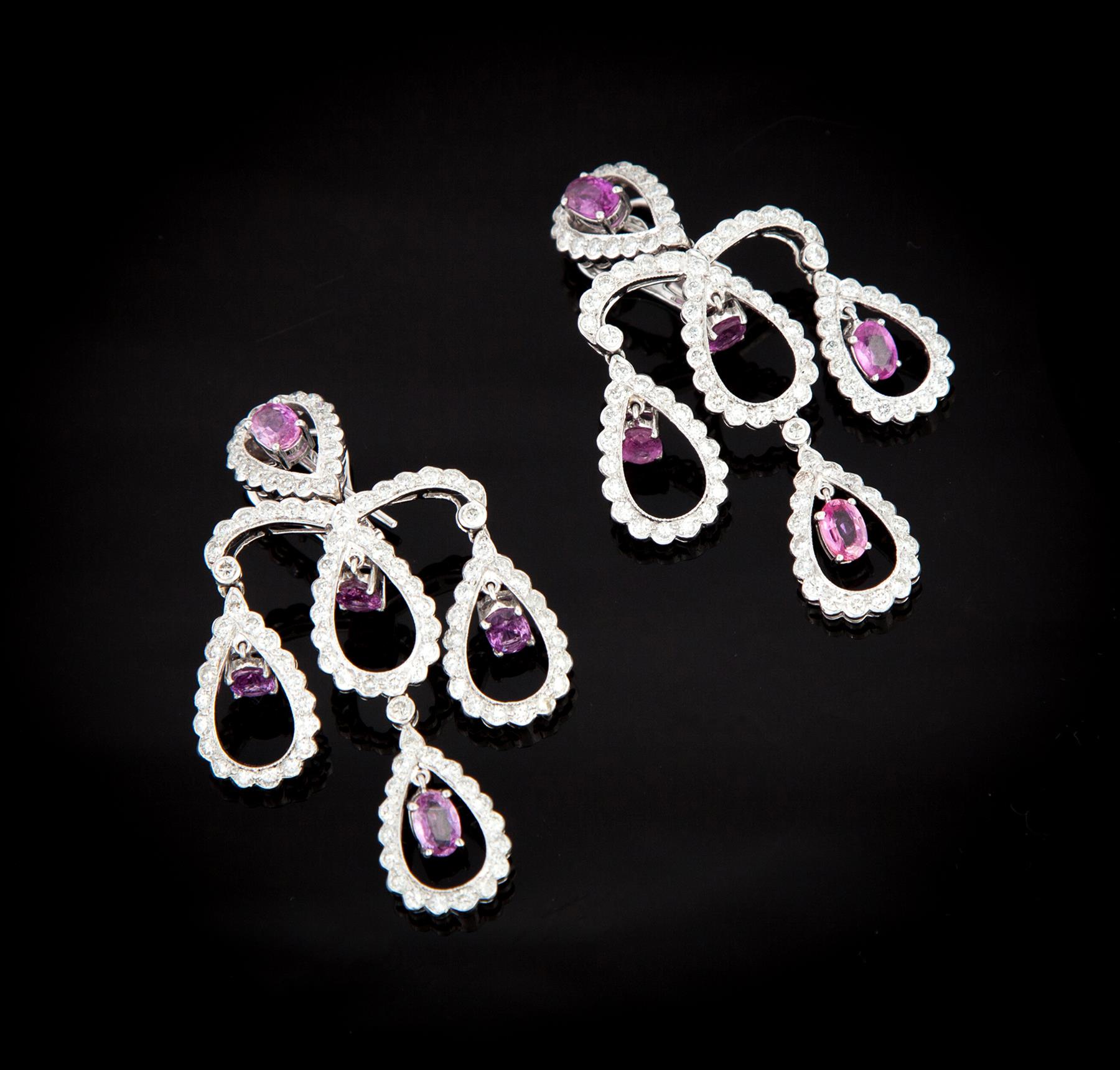 Appraisal: WHITE GOLD PINK SAPPHIRE AND DIAMOND EARRINGS American st century