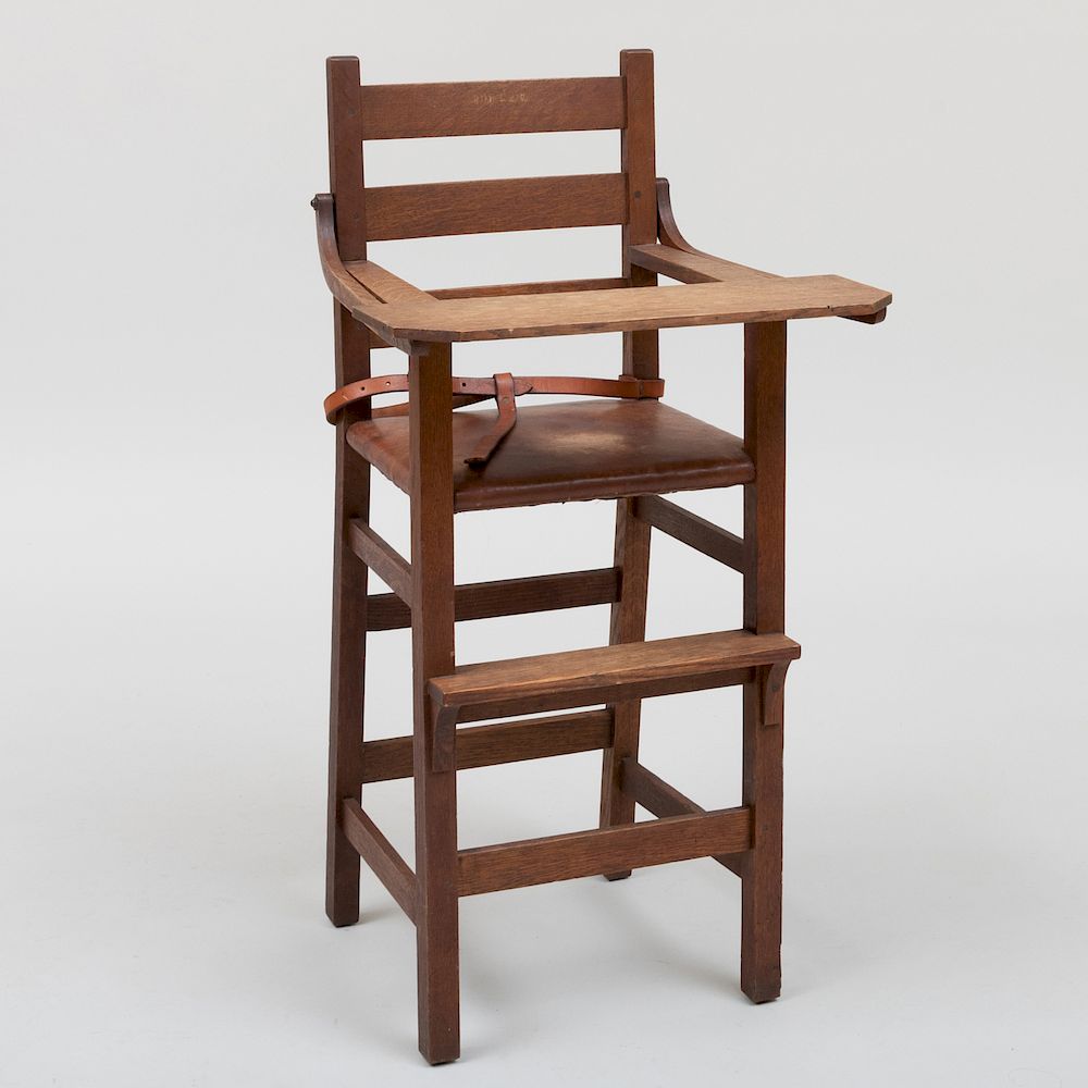 Appraisal: Gustav Stickley Oak and Leather Child's High Chair Unmarked x