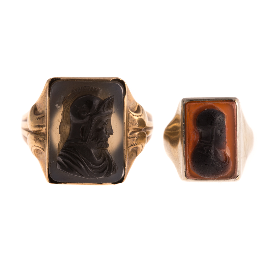 Appraisal: A Pair of Hardstone Cameo Rings in Gold K yellow