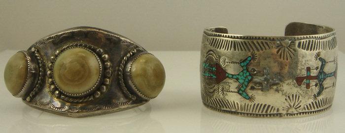 Appraisal: Native American silver bracelets one turquoise inlaid missing head of