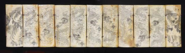 Appraisal: Chinese framed ox bone scrimshaw panels featuring eleven engraved and