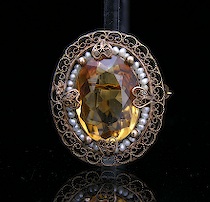 Appraisal: Antique Citrine Seed Pearl Brooch A large cushion cut oval