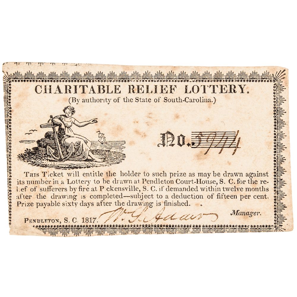 Appraisal: Historic and Very Rare South Carolina Charitable Relief Lottery Ticket